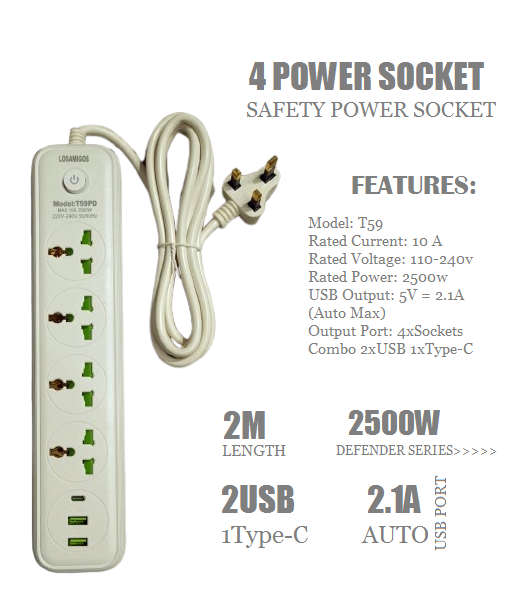 EXTENSION SAFETY POWER SOCKET 2500W 4USB